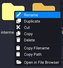 The right-click menu on a folder, offering Rename, Duplicate, Cut, Copy, Delete, Copy Filename, Copy Path and Open in File Browser.