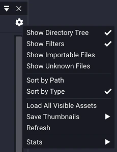 The Asset Browser settings menu: toggles for the directory tree, filters, importable files and unknown files; sort by path or type; load all visible assets; save thumbnails; refresh; and stats.