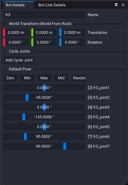 The Bot Details panel for the fr3 bot, showing the Name field, a World Transform section with translation and rotation, Cycle Joints, and a Default Pose section with a slider per joint.