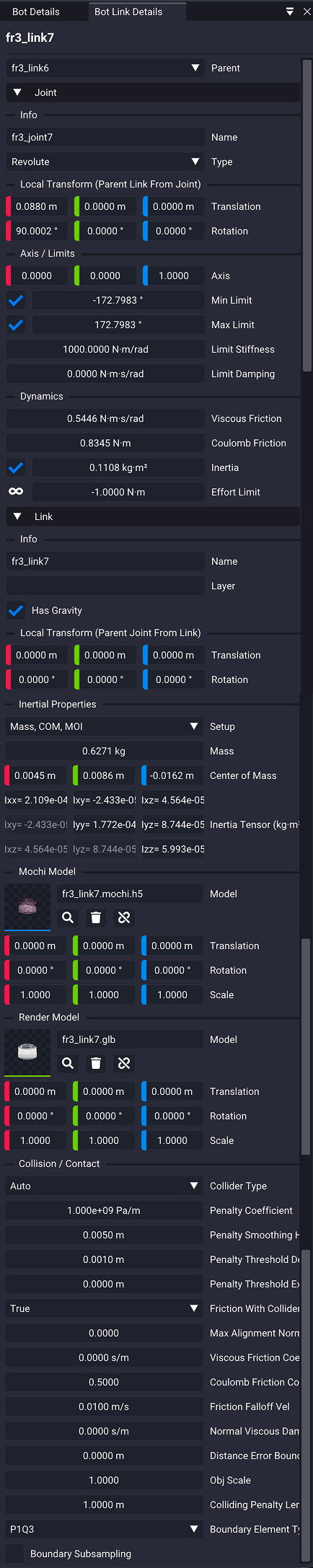 The Bot Link Details panel for fr3_link7, scrolling from the Parent dropdown through the Joint section with its info, local transform, axis limits and dynamics, then the Link section with inertial properties, the collision and render model slots, and the collision and contact parameters.