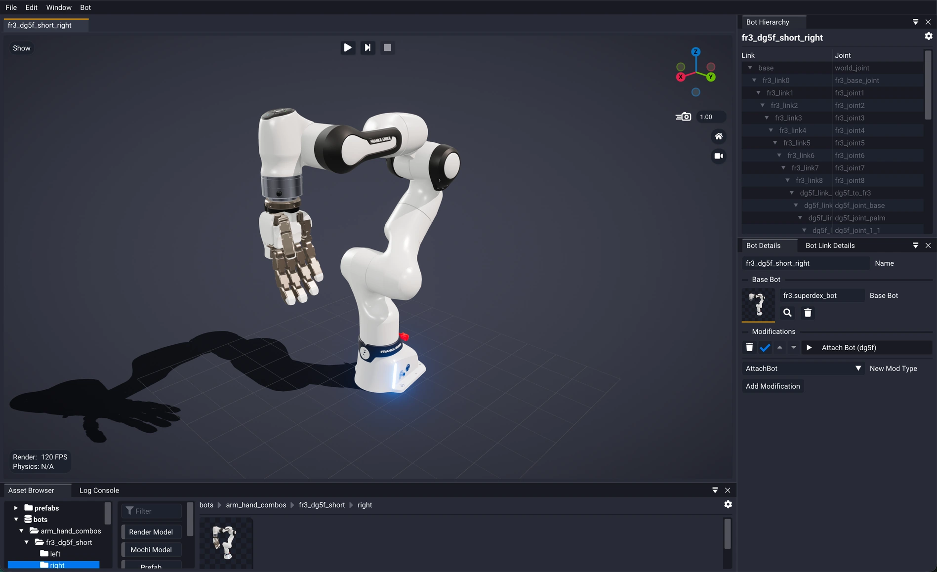 The SuperDex Studio main window: a Franka arm with an attached hand in the central viewport, the Bot Hierarchy and Bot Details panels docked on the right, and the Asset Browser across the bottom.