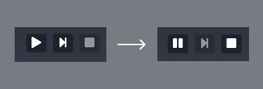 The viewport transport in two states: stopped, showing play, step, and stop; and running, showing pause, step, and stop.