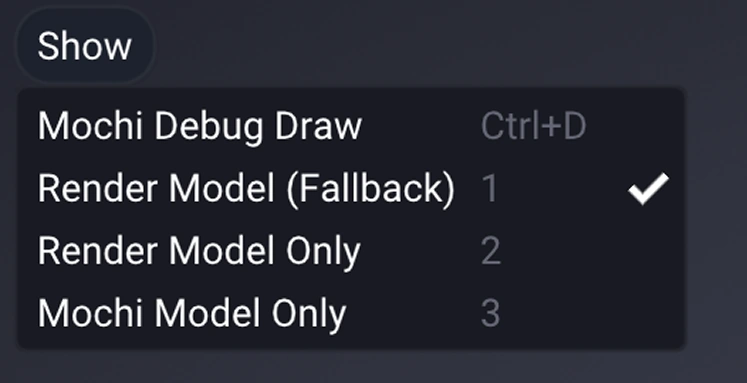The Show menu listing Physics Debug Draw with P, Render Only with 1, Collision Only with 2, and Render (Collision Fallback) with 3.