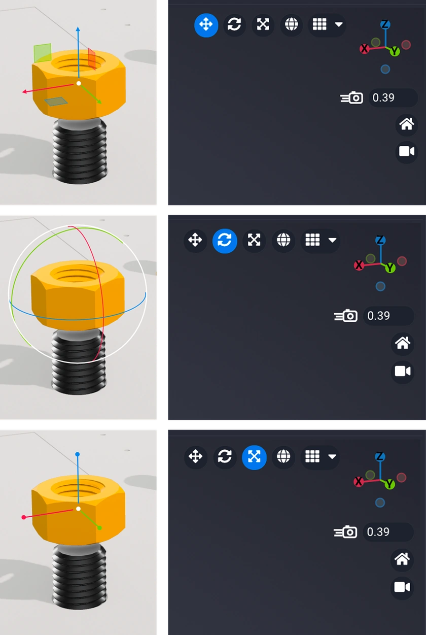 Three views of the same bolt showing the translate, rotate, and scale gizmos in turn, each with the matching toolbar button highlighted in blue.