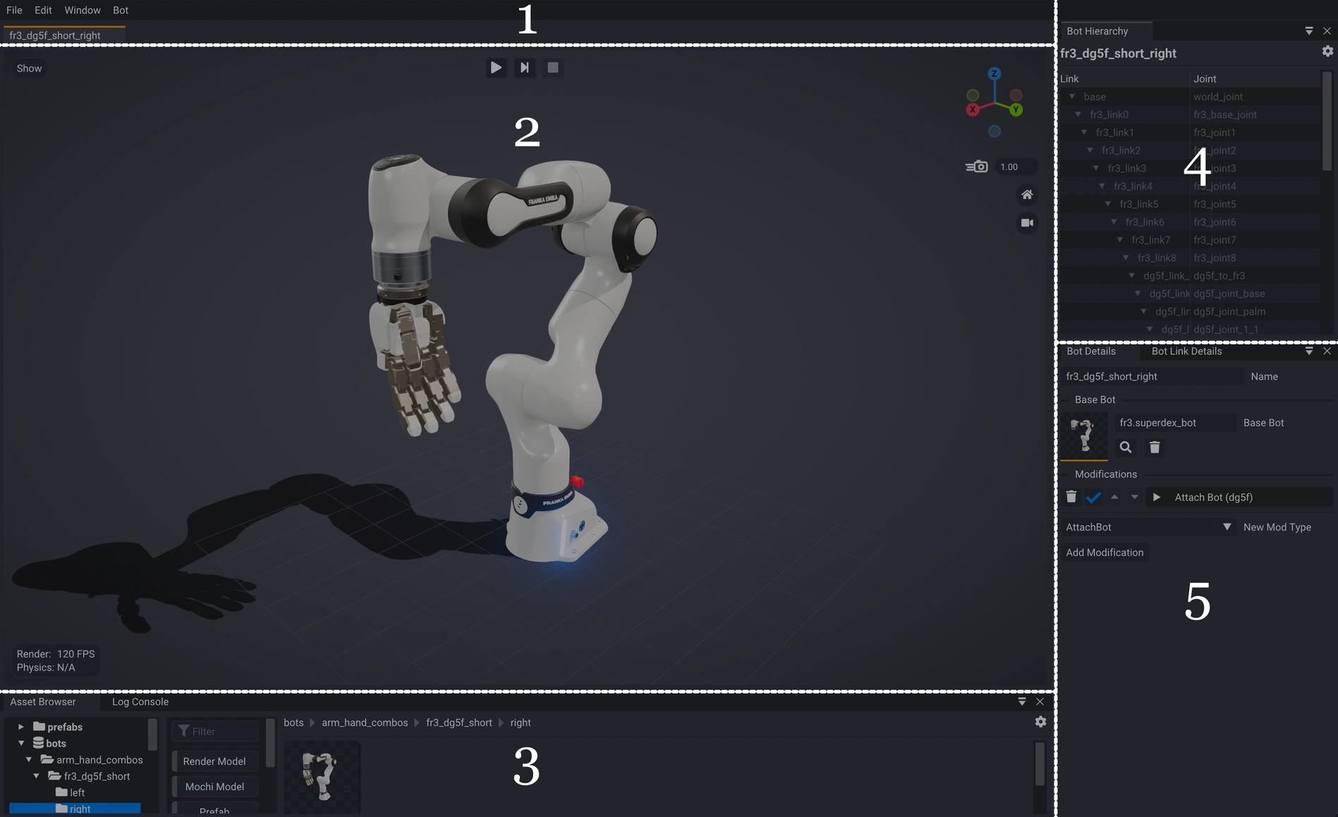 The Studio window with five regions outlined and numbered: the menu and tab bar across the top, the viewport in the center, the Asset Browser at the bottom, and the Bot Hierarchy and Bot Details panels down the right.