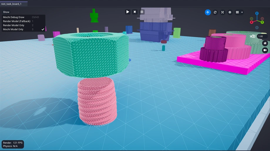 The same scene drawn as collision geometry: flat-shaded colored meshes with visible tessellation.