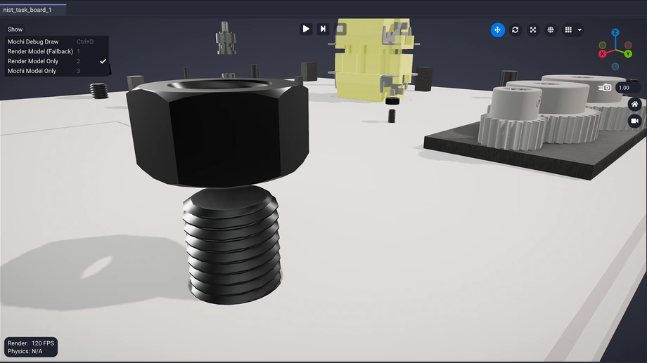 A bolt on the NIST board drawn with its render mesh: smooth, shaded, and textured.