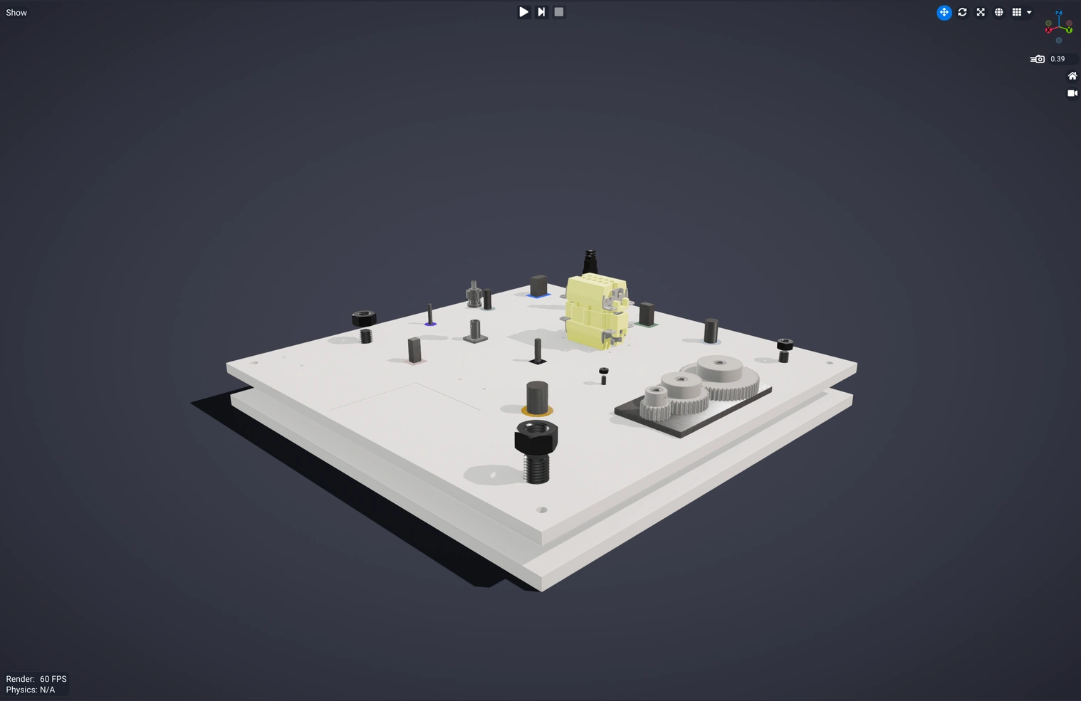 A NIST task board rendered in the Studio viewport, seen from a raised three-quarter angle.